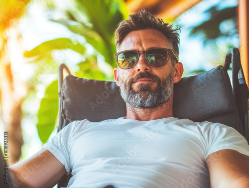 Relaxed man in sunglasses enjoying a sunny day in a tropical setting.