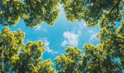 Overhead view of a lush green tree canopy against a bright blue sky