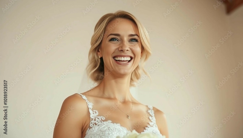 Portrait of a young bride holding a bouquet, smiling sweetly in a white wedding dress with a soft, white-toned background and natural light. Portrait of a young bride holding a bouquet, smiling sweetly in a white wedding dress with a soft, white-toned background and natural light.