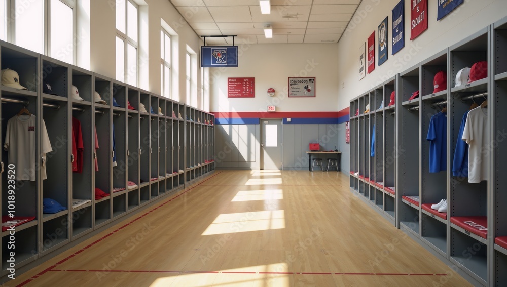 A 3D illustration showcases an American high-school locker room gym interior setting A 3D illustration showcases an American high-school locker room gym interior setting
