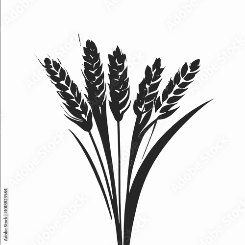 A bundle of wheat stalks with long, thin leaves and grains, vector black color silhouette, 