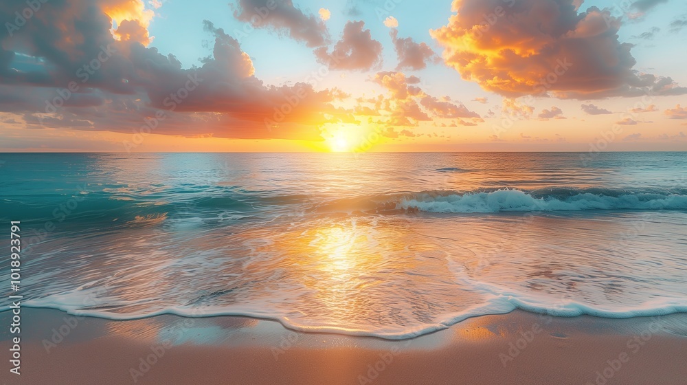 A Vibrant Sunset Over the Ocean With Gentle Waves Caressing the Shoreline A Vibrant Sunset Over the Ocean With Gentle Waves Caressing the Shoreline