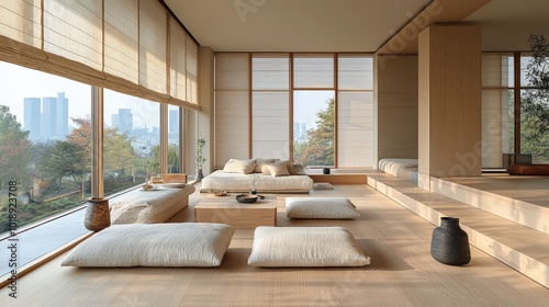 Minimalist Japanese interior design of a modern living room in calm beige tones, Japanese beautiful apartment interior with large windows.