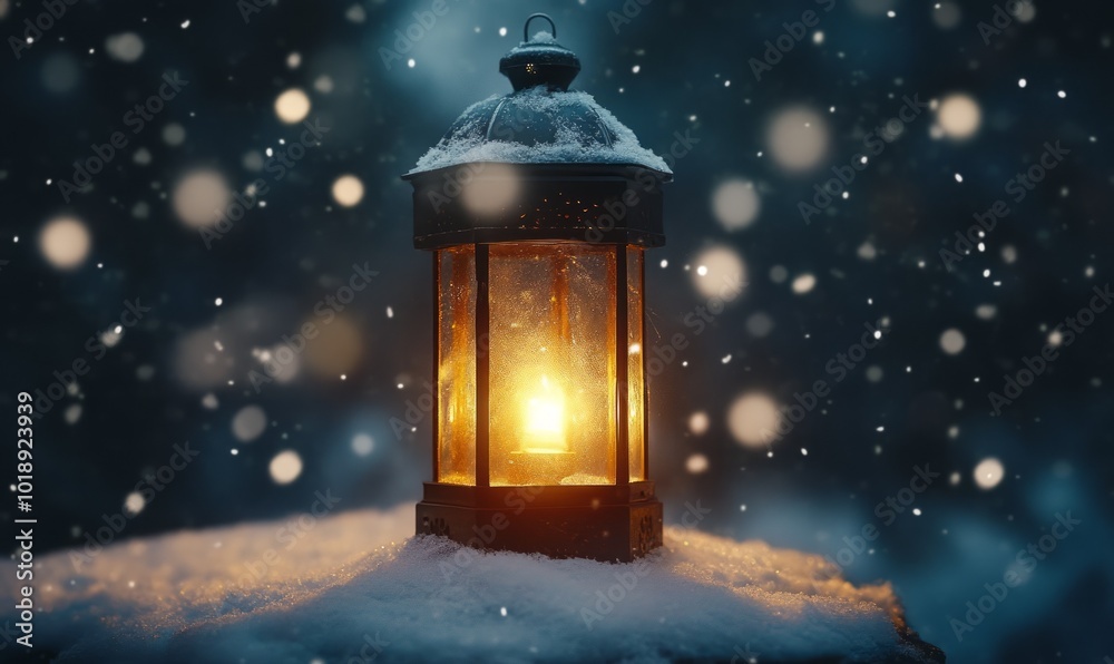Snow-dusted lantern glowing softly at night with a backdrop of falling snowflakes Snow-dusted lantern glowing softly at night with a backdrop of falling snowflakes