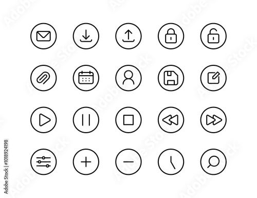 Minimalist Vector Icon Set: Essential UI Icons for Web & App Design – Download, Upload, Lock, Save, Play, Calendar, Settings, Search & More