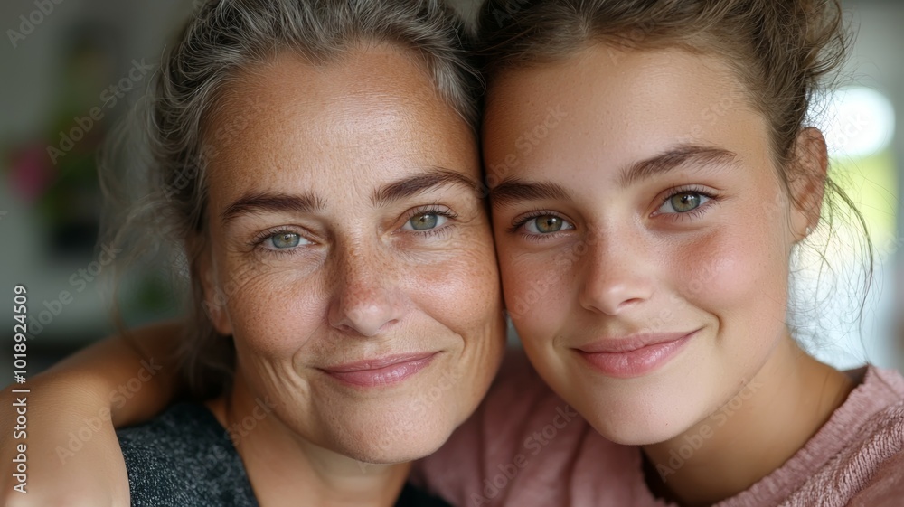 A smiling mother and daughter share a tender moment indoors, capturing their close bond and joy together A smiling mother and daughter share a tender moment indoors, capturing their close bond and joy together