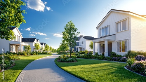 Quiet suburban neighborhood with modern houses and lush landscaping on a sunny day