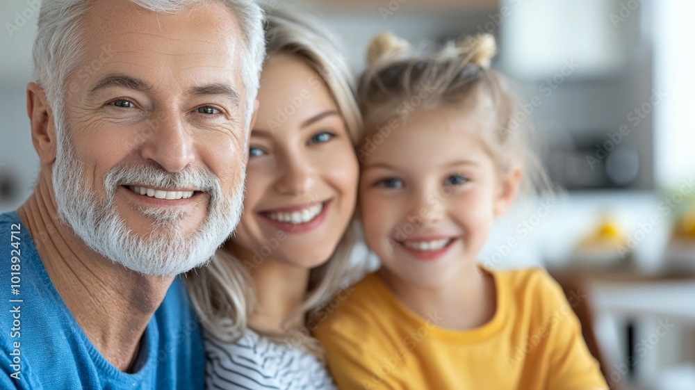 Happy family enjoying time together at home with smiles in a bright kitchen Happy family enjoying time together at home with smiles in a bright kitchen