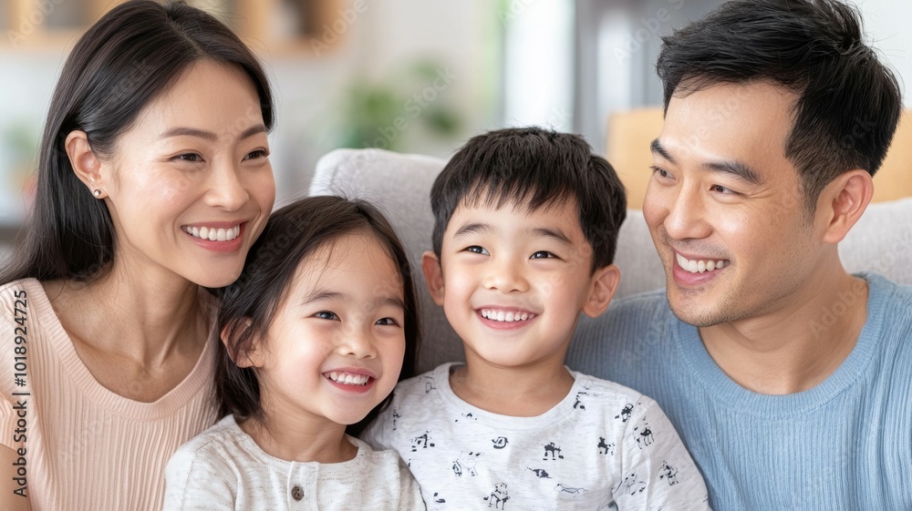 A happy family of four enjoying a joyful moment together in a cozy living room A happy family of four enjoying a joyful moment together in a cozy living room