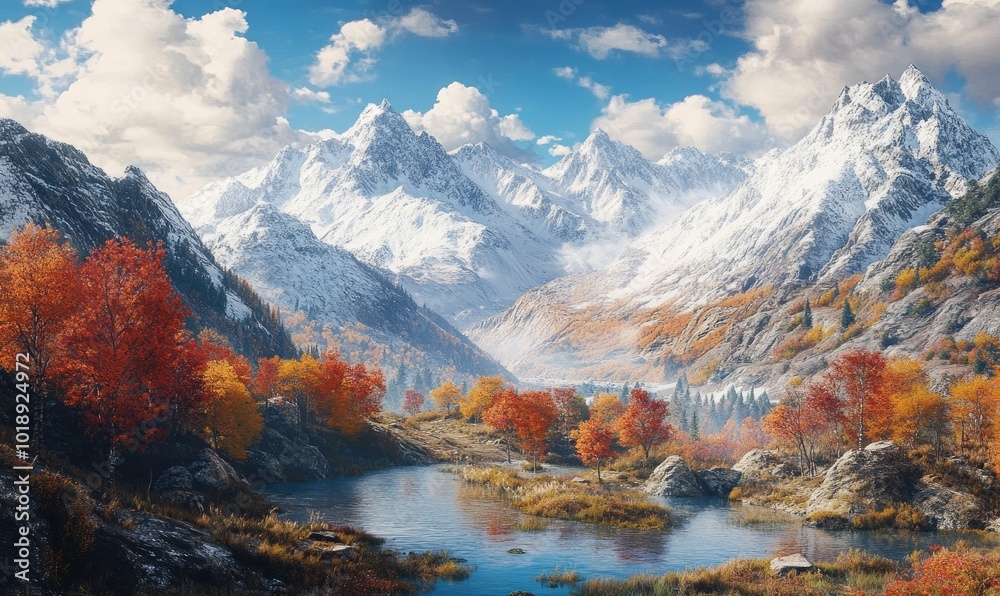 Obraz premium Panoramic, snowy mountains, autumn valley, abstract landscape, vast, majestic