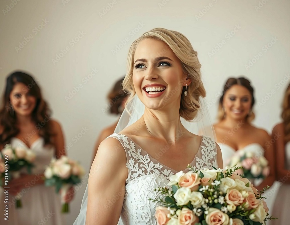 Portrait of a young bride holding a bouquet, smiling sweetly in a white wedding dress with a soft, white-toned background and natural light. Portrait of a young bride holding a bouquet, smiling sweetly in a white wedding dress with a soft, white-toned background and natural light.