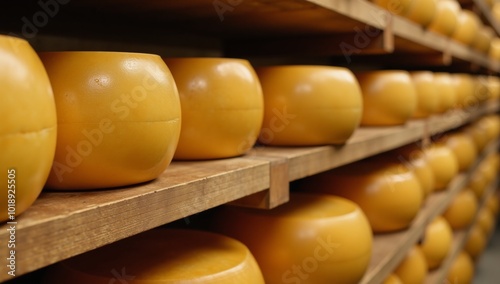 Aged wax-covered cheese wheels stored on rustic wood shelving within a cheese factory setting