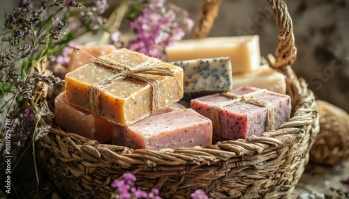 Basket natural handmade soaps, emphasizing organic and artisanal skincare products. photo