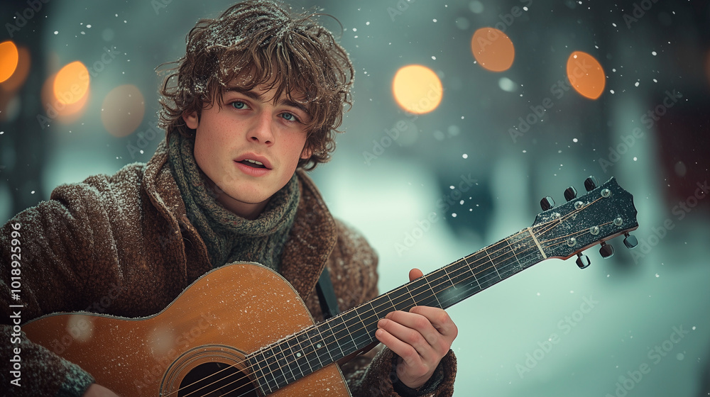 a young person playing music the guitar outdoors with magical light and snow during the christmas season, celebrating prosperity for the new year