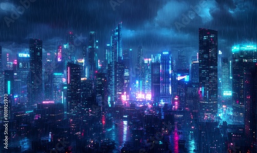 Wallpaper Mural Neon lights, city skyline, skyscrapers, rain Torontodigital.ca