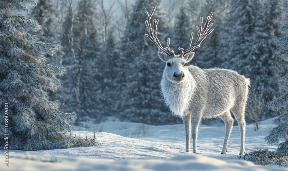 Reindeer with frosted fur standing in a snow-covered meadow, surrounded by pine trees Reindeer with frosted fur standing in a snow-covered meadow, surrounded by pine trees