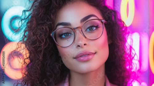 A woman with curly hair and glasses is smiling at the camera