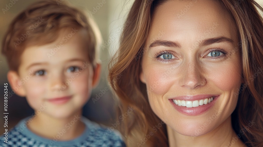 Smiling woman and young boy enjoy a cheerful moment indoors in a warm and inviting setting Smiling woman and young boy enjoy a cheerful moment indoors in a warm and inviting setting