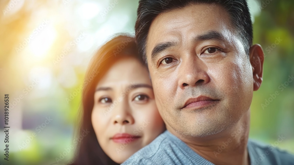 A couple enjoying a serene moment together in a sunlit park during a warm afternoon A couple enjoying a serene moment together in a sunlit park during a warm afternoon