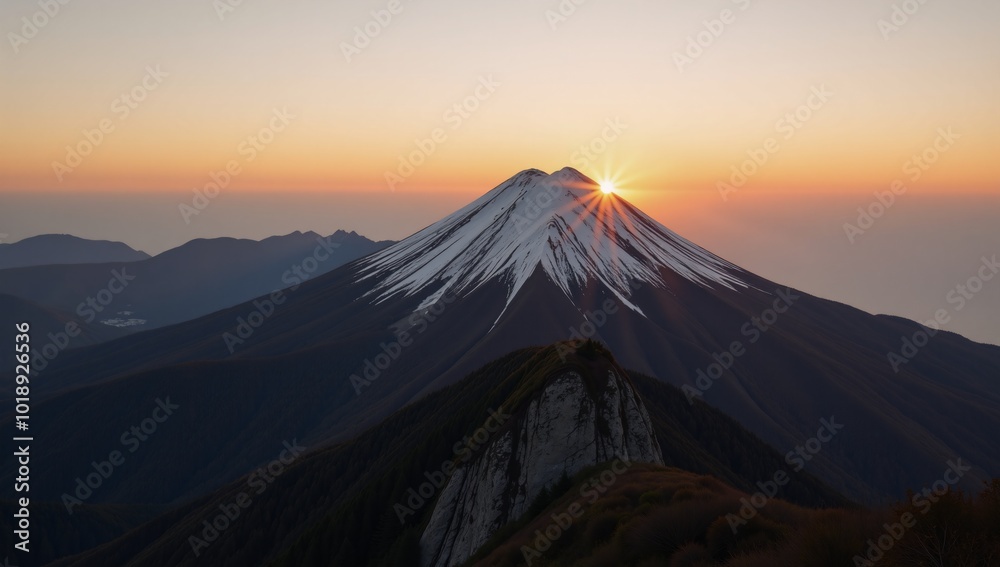 Mountain sunset viewed through traditional Japanese art Mountain sunset viewed through traditional Japanese art