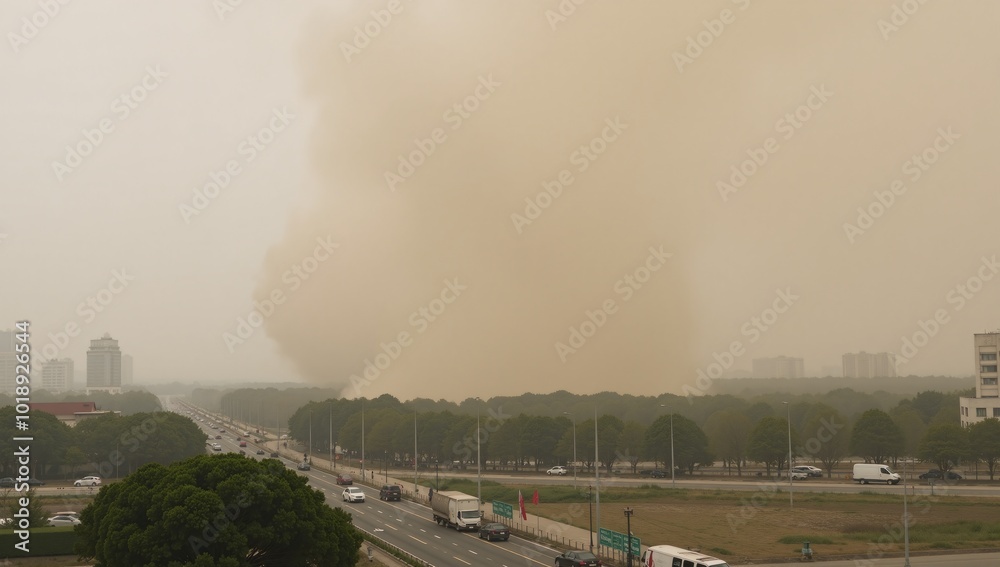 Obraz premium Yellow dust Asian dust warning in Korea Poor air quality due to sandstorms from China potentially harmful for respiratory health eyes and skin