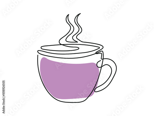 Line art of Purple hot cup with steam. Coffee or tea mug Isolated on white background. Continuous one line drawing. Concept of hot beverage, Morning drink, Minimalist Style, Design Element, Icon