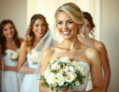 Portrait of a young bride holding a bouquet, smiling sweetly in a white wedding dress with a soft, white-toned background and natural light.