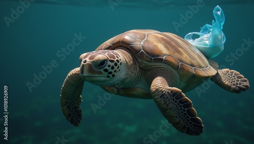 Problematic plastic pollution sea turtles eating harmful plastic bags in the ocean photo