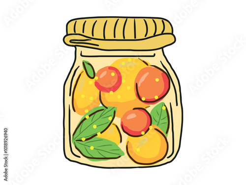 Colorful Jam in Glass Jar with Berries and Fruits isolated on white background. Concept of Fruit Preservation, Homemade Treats, Natural Ingredients, canned preserves. Vibrant Hand-drawn art