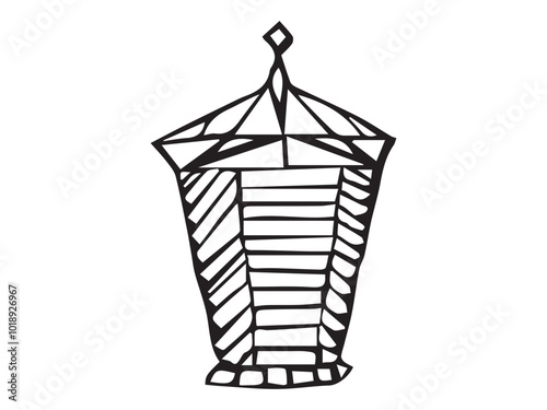 Black outline of decorative lantern isolated on a white background. Concept of vintage lighting, minimalist style, classic decor, illumination, street lantern, light, design element