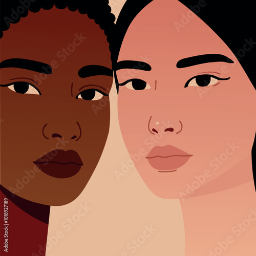 Two young women, one with dark skin and the other with light skin. Flat vector illustration