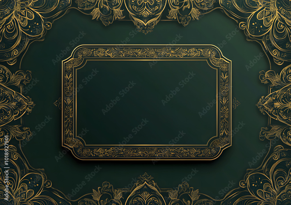 An empty rectangular frame background design with an Indian mandala pattern, in a dark green and gold color theme design An empty rectangular frame background design with an Indian mandala pattern, in a dark green and gold color theme design