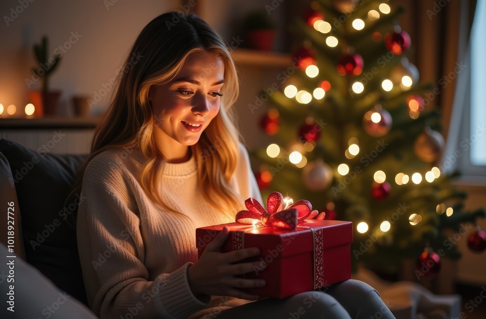 Girl opens the gift box in front of Christmas tree Girl opens the gift box in front of Christmas tree