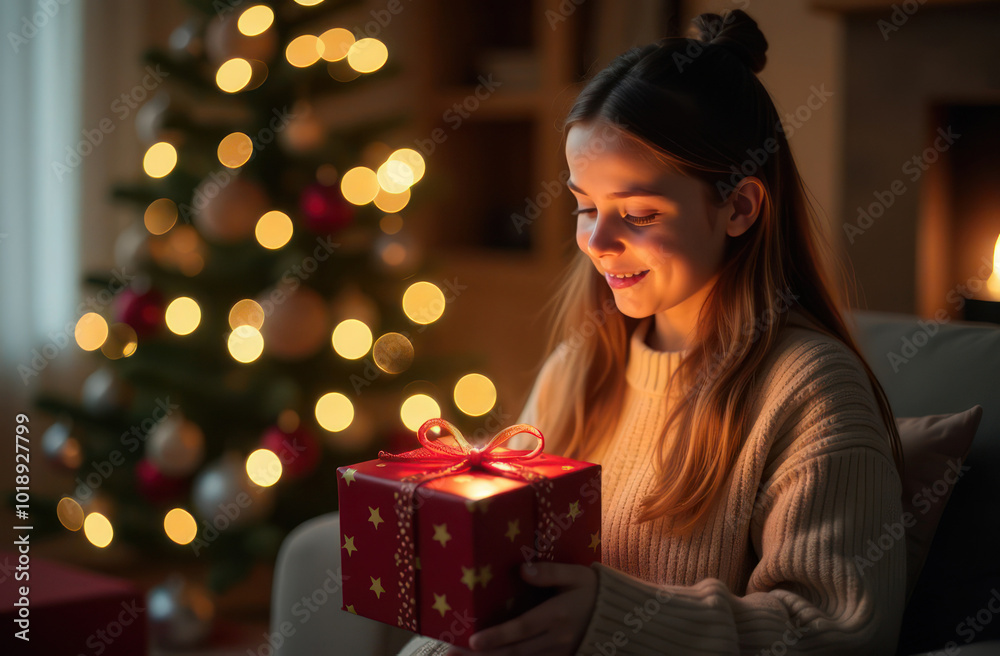 Girl opens the gift box in front of Christmas tree Girl opens the gift box in front of Christmas tree