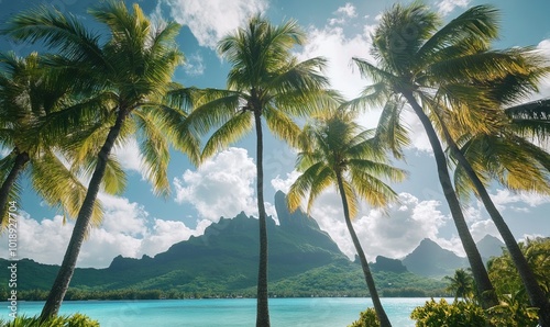 Palm trees blow in the wind at the base of Mount Otemanu on the beautiful tropical island Bora Bora in French Polynesia