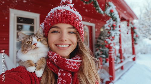 Obraz na płótnie a blonde woman in a red winter outfit holding a cat in her arms outdoors during the christmas eve season w salonie