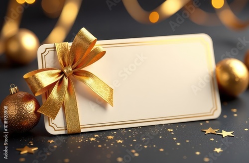 Christmas Blank gift greeting card with shiny golden bow and balls photo