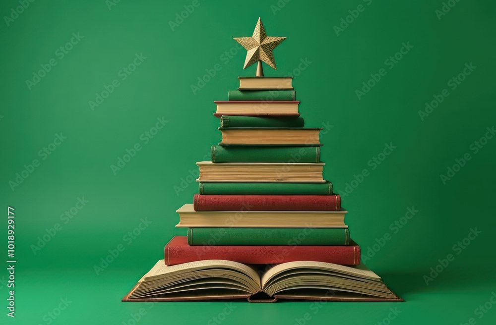 christmas tree made of books, on a green background christmas tree made of books, on a green background