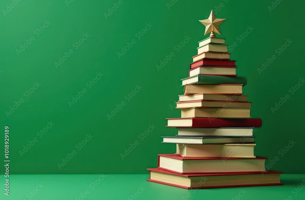 christmas tree made of books, on a green background 