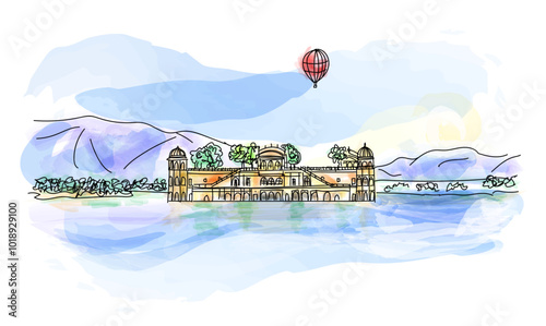 Obraz na płótnie Jal Mahal water palace of India in Jaipur., vector travel illustration w salonie