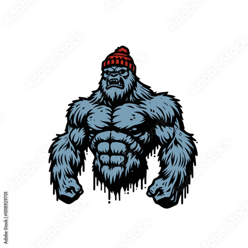Mysterious beast modern style yeti in beanie bodybuilder or powerlifter sports logo mascot	
