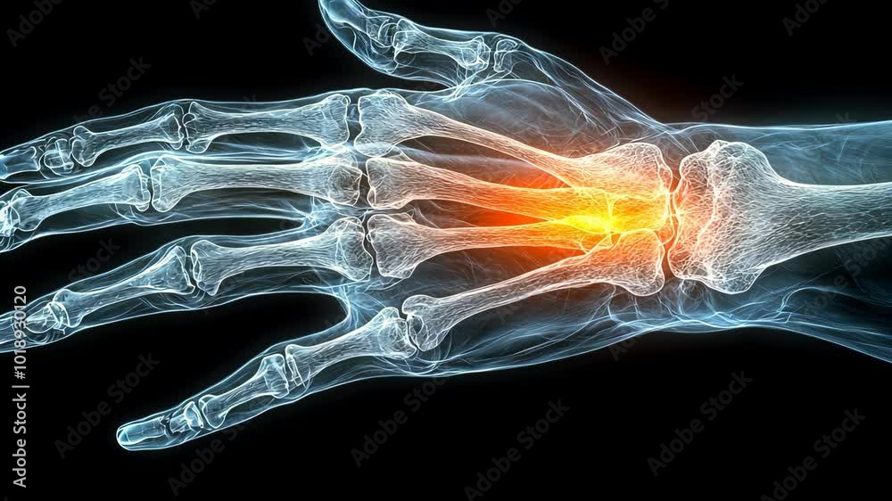 Illustrating wrist pain with a rotating skeleton hand x-ray view