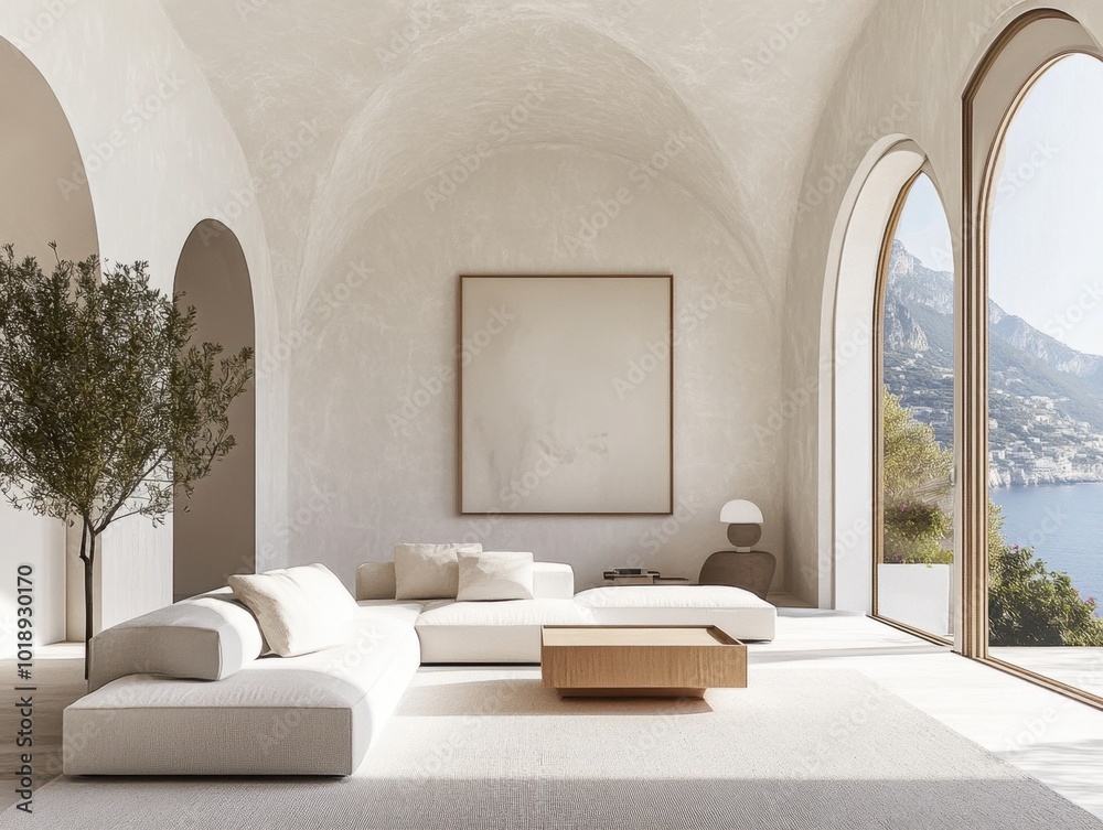 Fototapeta premium A white living room with a large window and a picture on the wall