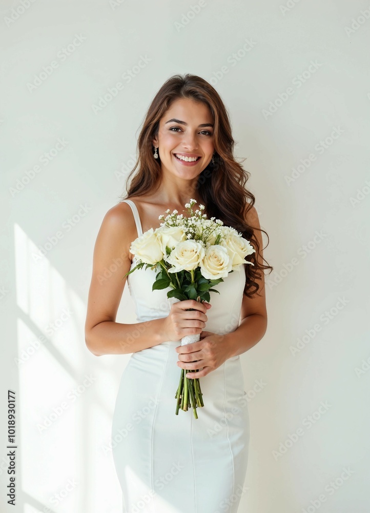 Portrait of a young bride holding a bouquet, smiling sweetly in a white wedding dress with a soft, white-toned background and natural light. Portrait of a young bride holding a bouquet, smiling sweetly in a white wedding dress with a soft, white-toned background and natural light.