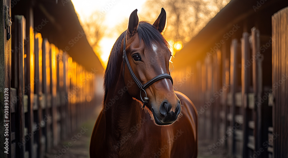 Fototapeta premium Brown horse standing in stable during sunset. A brown horse is calmly positioned in a stable as the warm glow of sunset illuminates the surroundings, creating a serene atmosphere.