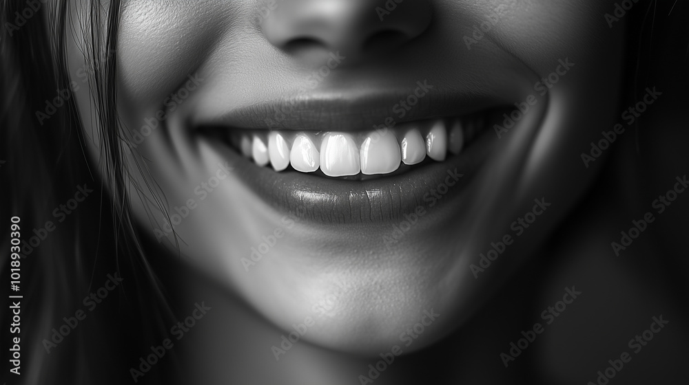 Obraz premium Promienny uśmiech kobiety to wyraz czystej radości. Jej zęby delikatnie błyszczą, a uśmiech rozciąga się od ucha do ucha.