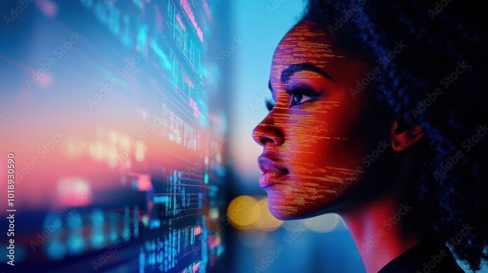 Young Woman Analyzing Financial Data on Screen Young Woman Analyzing Financial Data on Screen