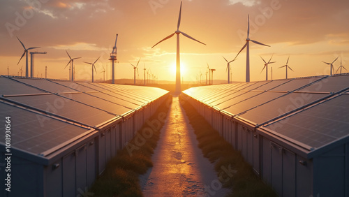 Renewable Energy: Solar Panels and Wind Turbines at Sunset