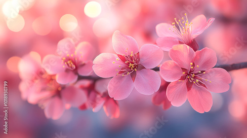 Cherry blossoms bloom in spring sun. Cherry blossom flowers bloom vibrantly in the warm spring air, showcasing soft pink petals against a blurred background of nature.