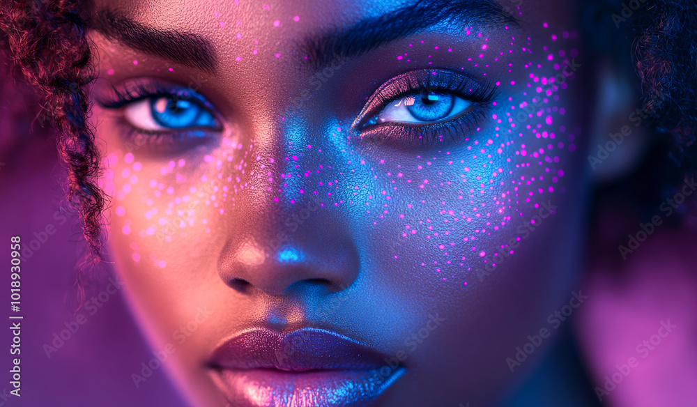 Night portrait of woman with bright facial art. A woman showcases stunning facial art illuminated by colorful lights, emphasizing her unique features and captivating blue eyes.